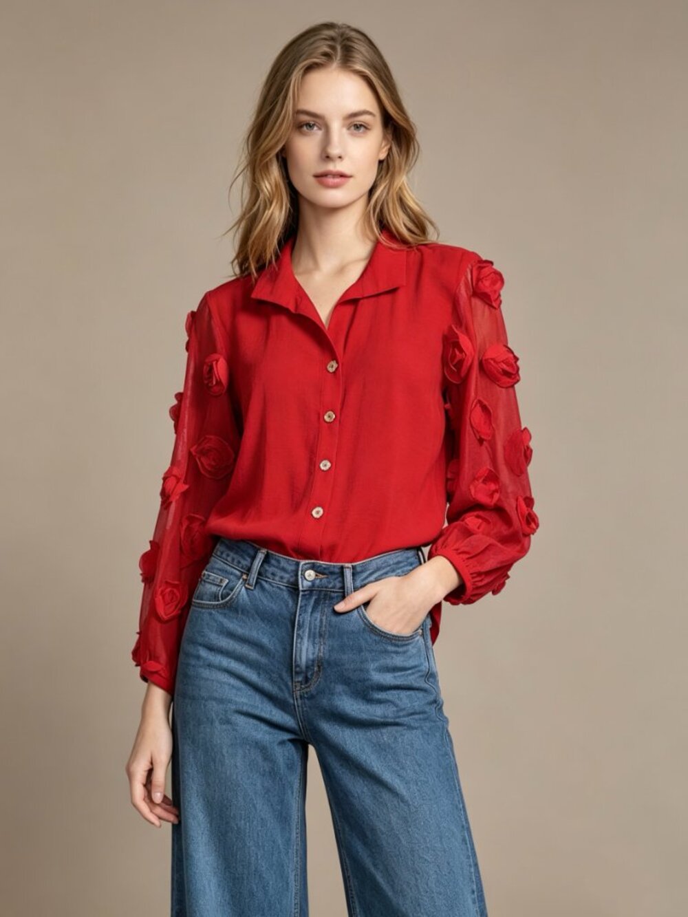 NWOT John Mark Scarlet Red Rosette Applique Sheer Balloon 3/4 Sleeve Blouse XL